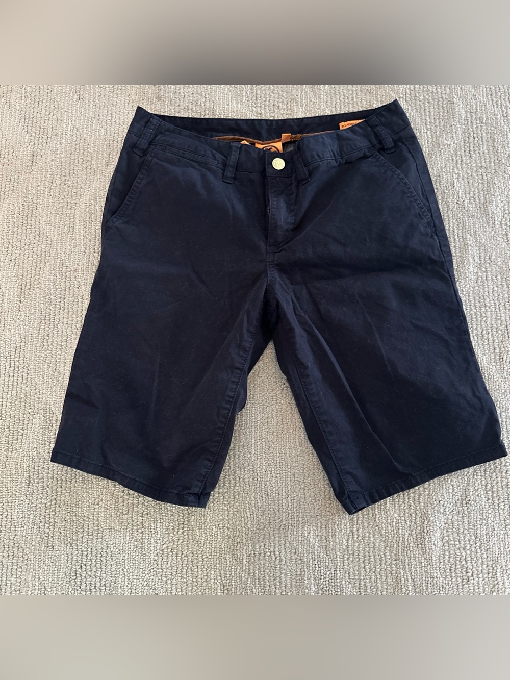 Tory Burch Bermuda Chino Shorts Navy Blue Gold Logo Button Size 28 EUC